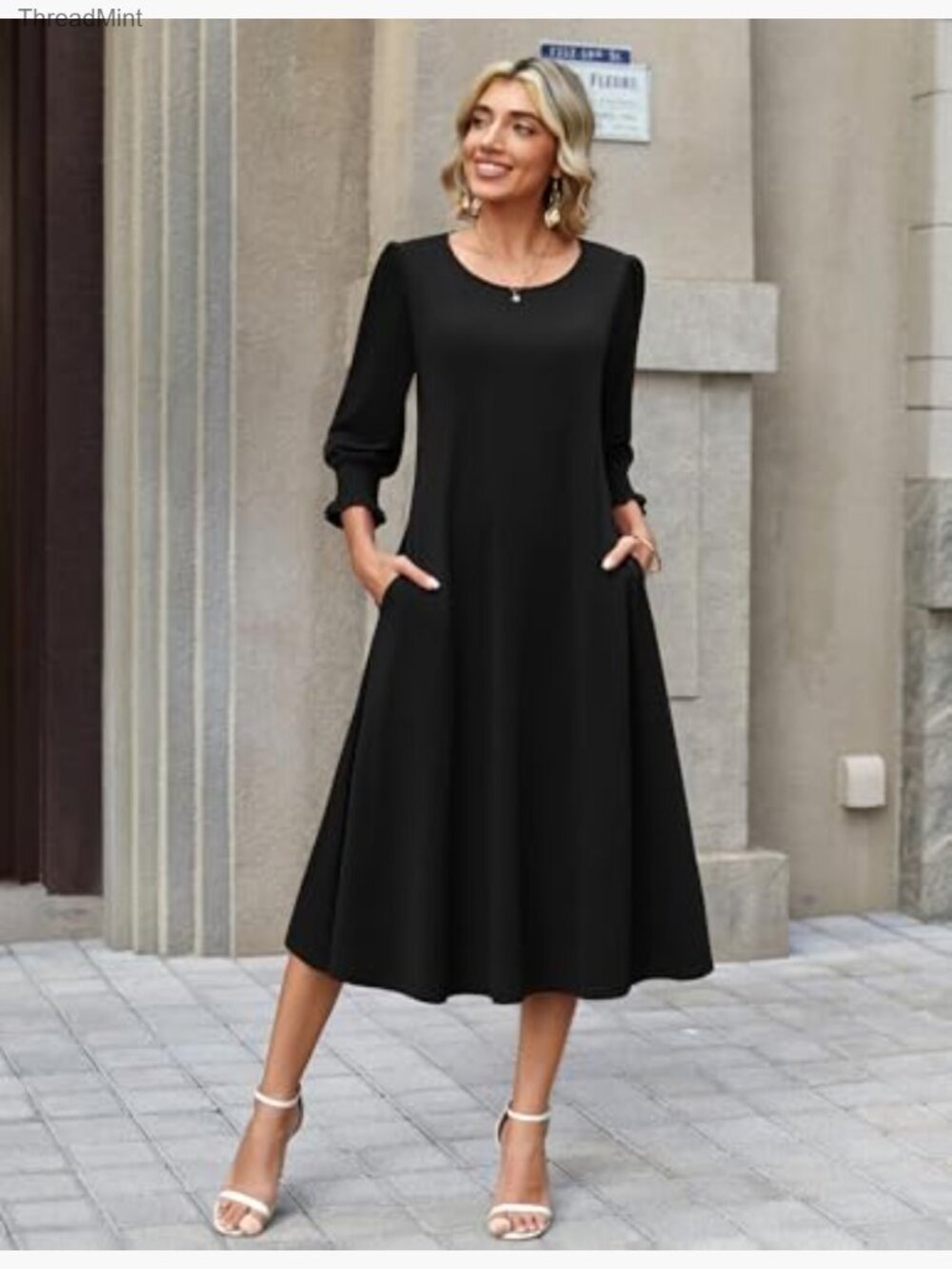 3/4 Sleeve Floral Midi Dress with Pockets Casual Women's Dress - Picture 4 of 7